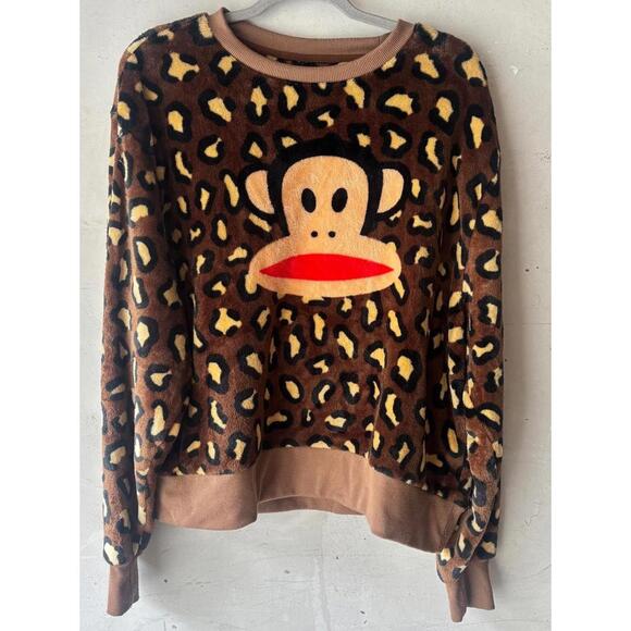 Paul Frank Juniors Leopard Print Fleece Sweatshirt with Iconic Monkey Face - Picture 1 of 8